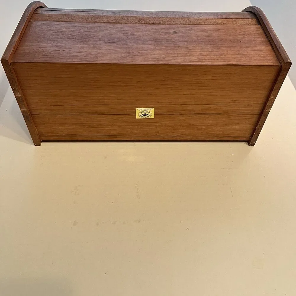 Vintage MCM Teak Tambour Wooden Roll Top Bread Box Baker Heart Stuart